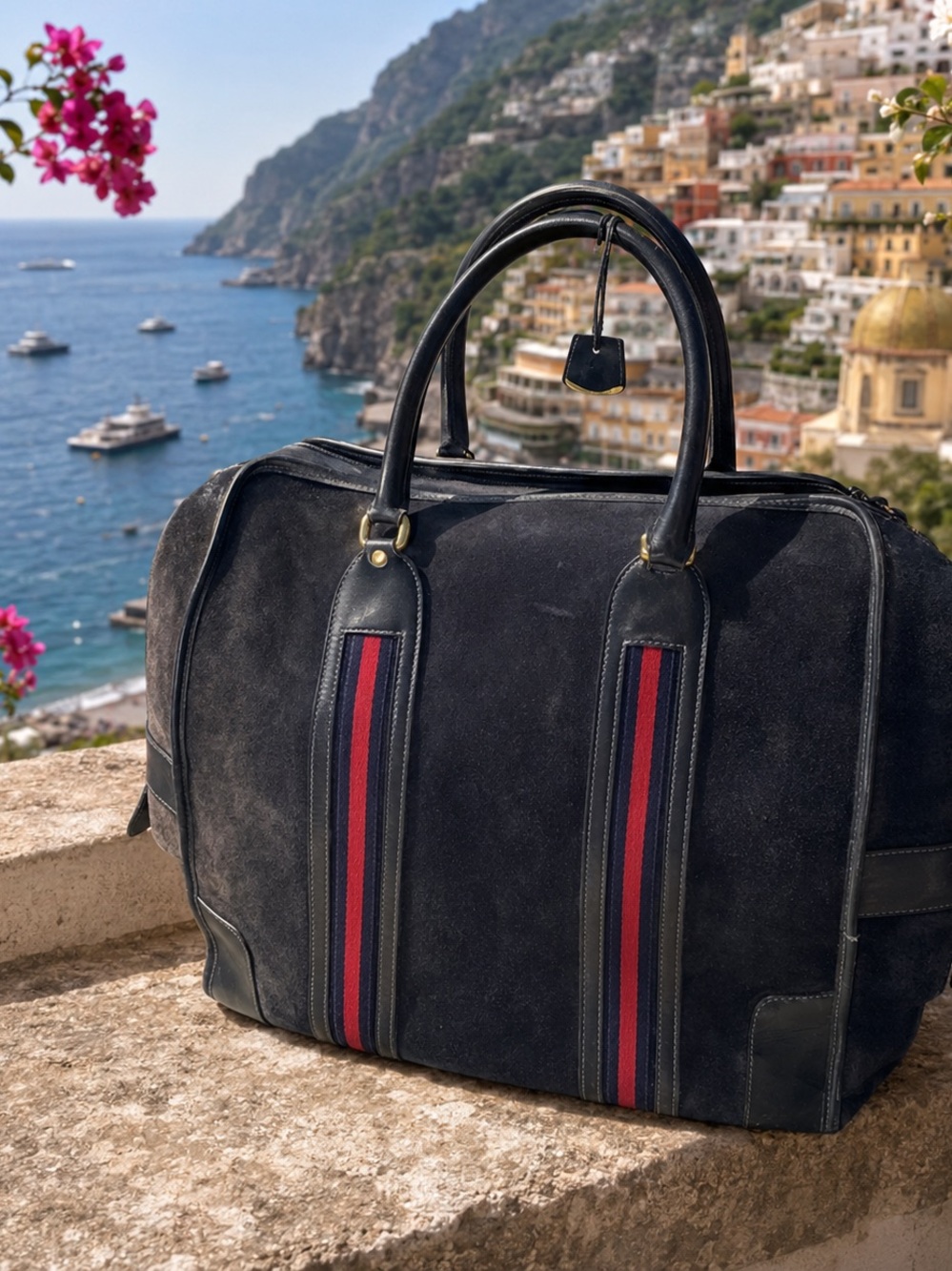 Vintage Gucci Navy Blue Suede Weekender Travel Bag / Holdall